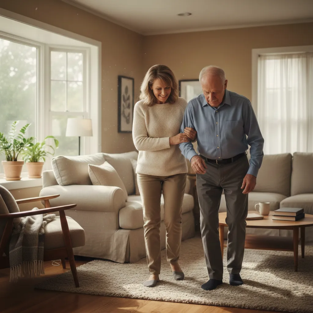 Aide-soignante accompagnant un patient atteint de Parkinson dans ses déplacements