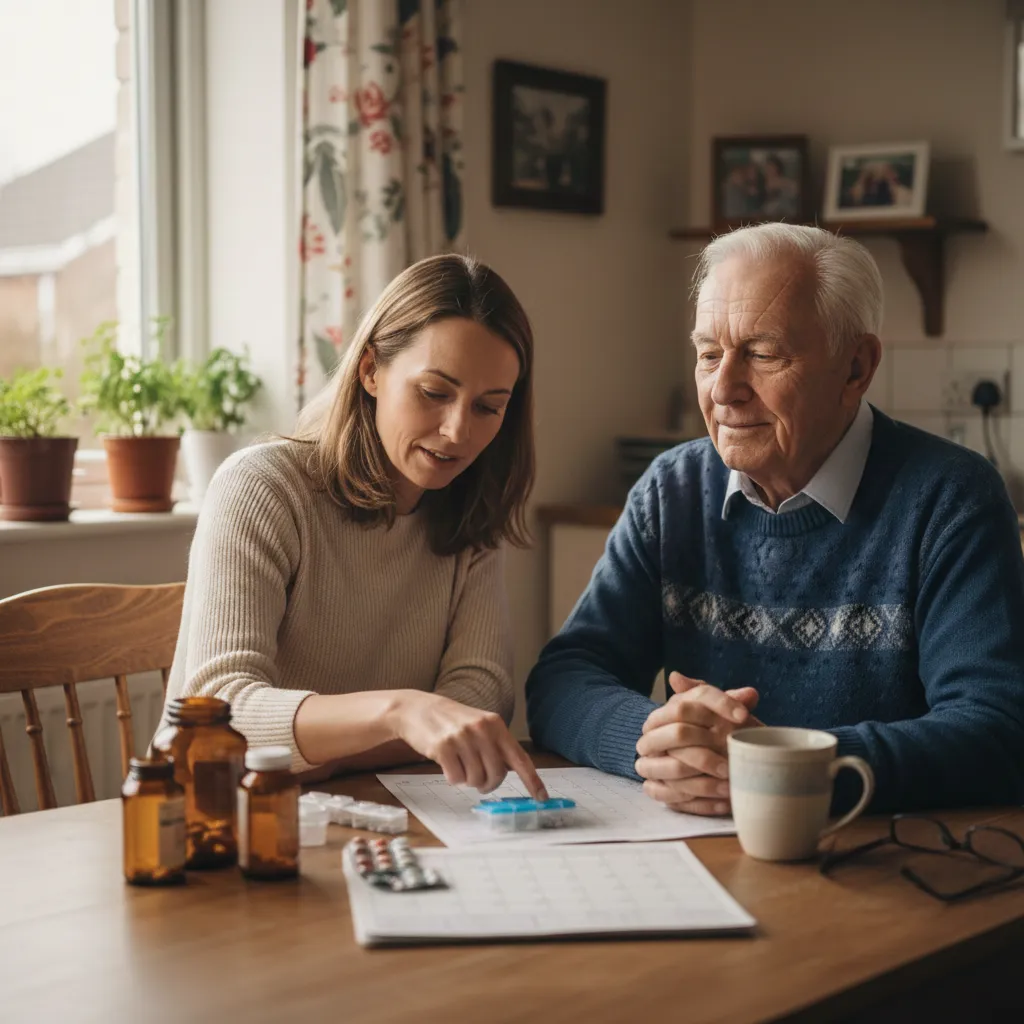 Accompagnatrice aidant un senior avec la gestion de ses médicaments