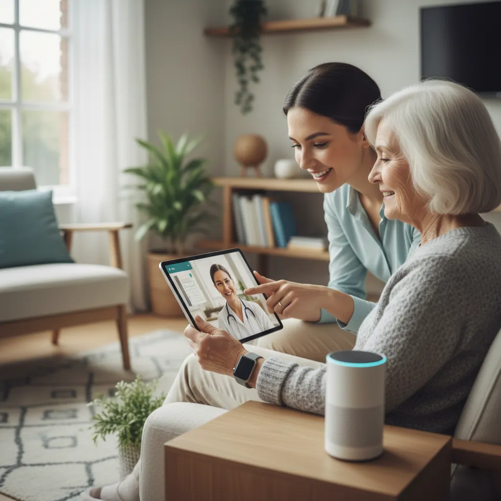 Senior utilisant une tablette avec l'aide d'une accompagnatrice