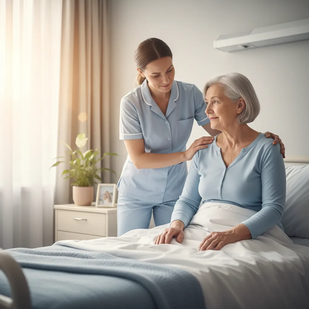 Garde malade accompagnant une personne âgée alitée à domicile