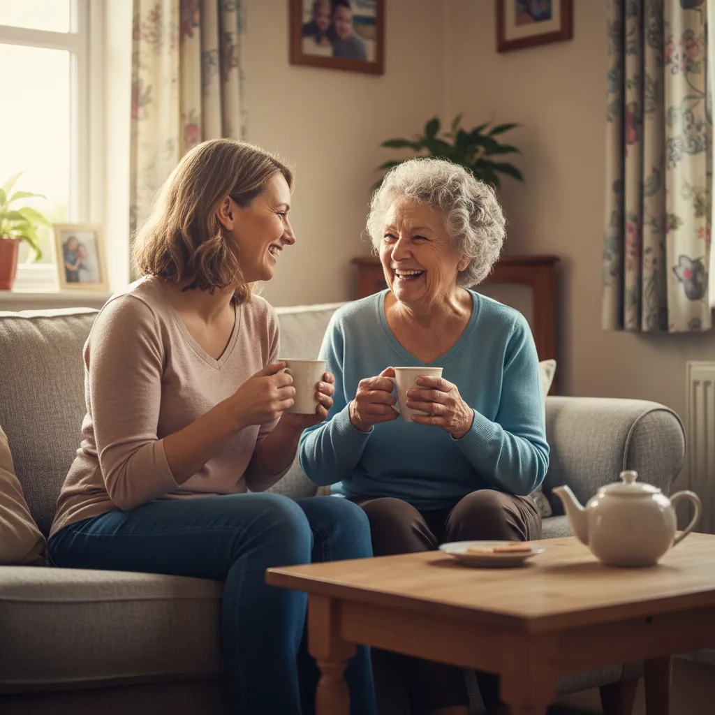 Dame de compagnie partageant un moment de thé avec une personne âgée